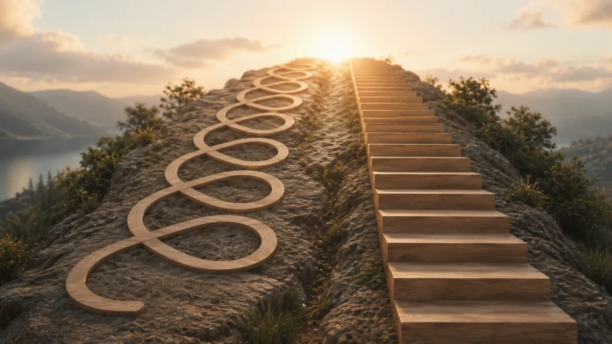 Two equal wooden pathways rise toward the same sunlit horizon on a mountain ridge: a looping spiral path on one side and a straight staircase on the other, representing different routes of human development.