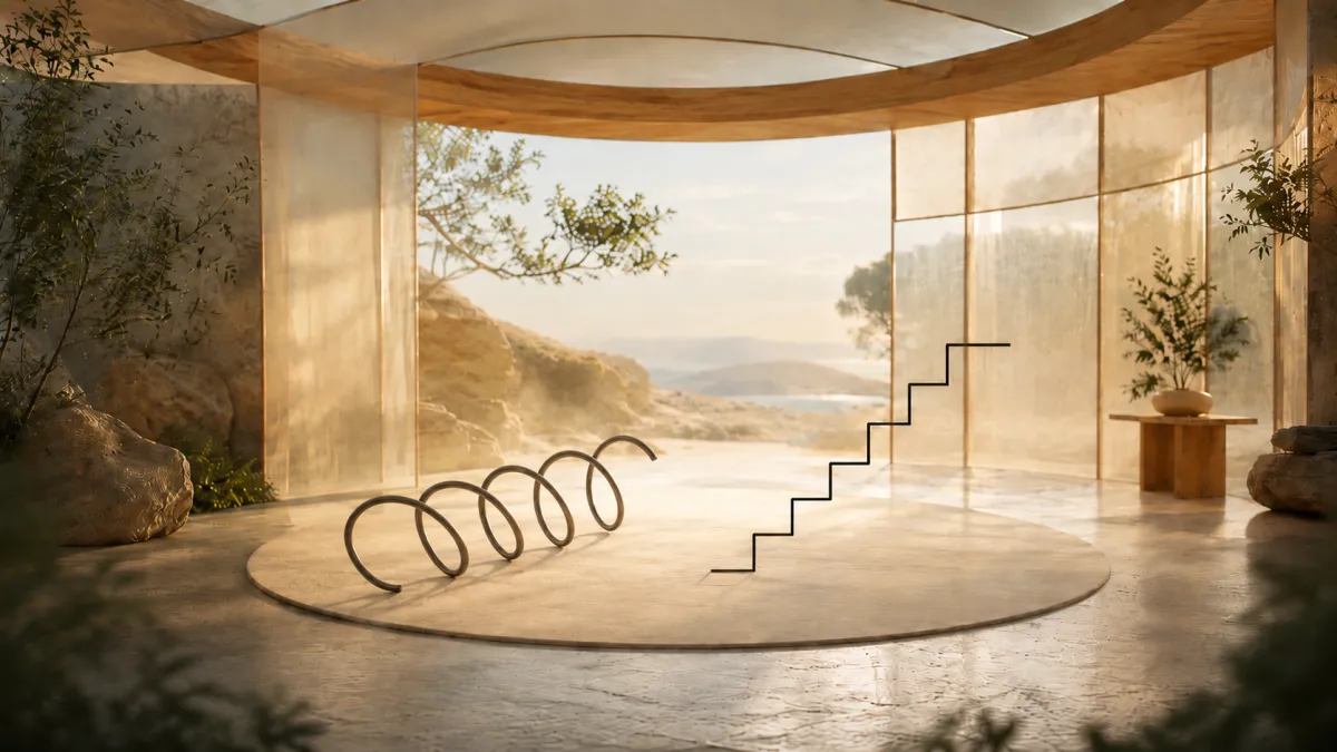 A calm open pavilion with translucent walls holds a sculptural spiral and staircase within a warm circular space, suggesting safety, openness, feedback, and developmental support without confinement.