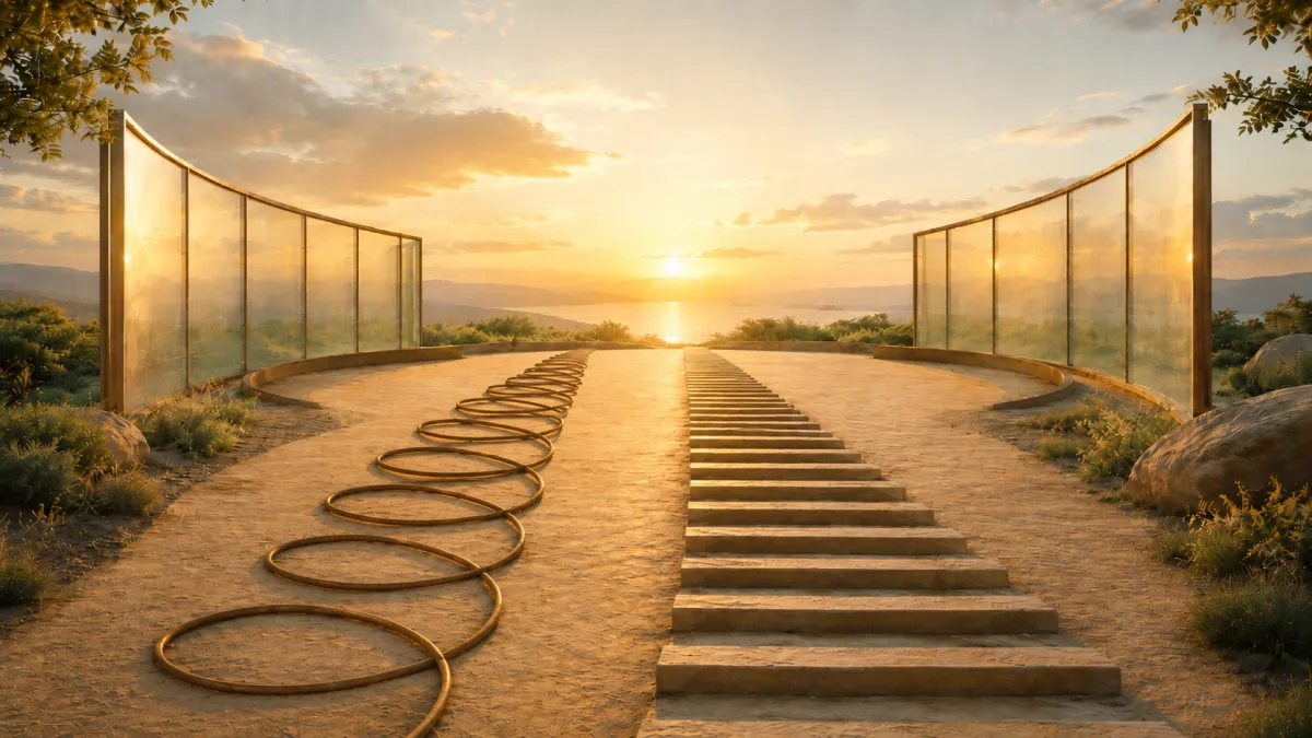 A spiral path and staircase extend side by side through a glass-framed landscape toward the same glowing sunset over water, symbolizing different developmental pathways reaching a shared human destination.