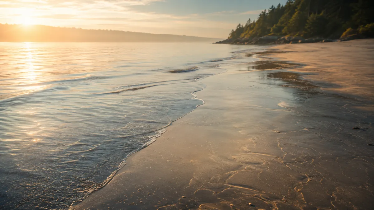 Quiet shoreline at low tide with a partly visible tide line fading in one section, symbolizing the missing developmental language for boundaries.
