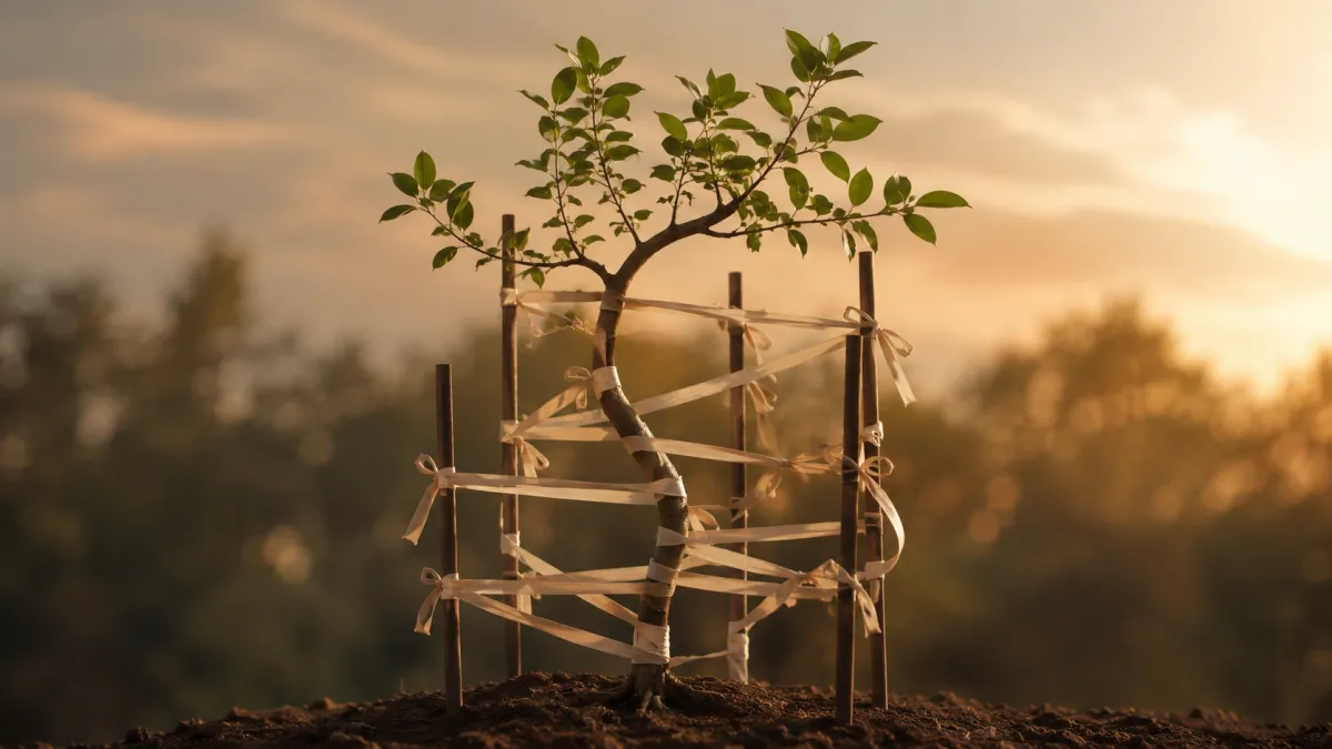 Young sapling growing in earth while gently constrained by too many support ties, symbolizing repeated correction of the developing self.