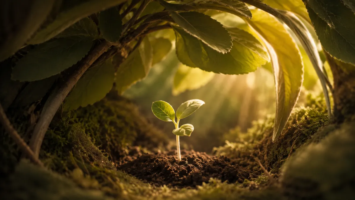 Small seedling sheltered beneath dense leaves in a protected natural nook, symbolizing care that prevents necessary developmental challenge.