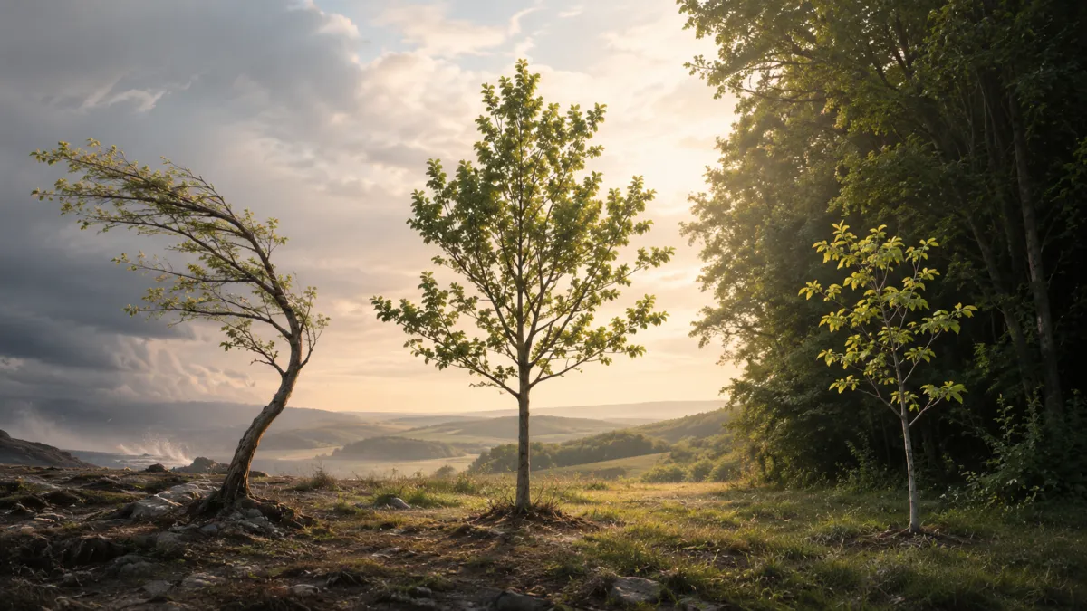 Three young trees grow in different environmental conditions: one bent by strong wind, one sheltered near dense woods, and one balanced and sturdy in open light, symbolizing how developmental outcomes are shaped by different combinations of protection, exposure, challenge, and support.
