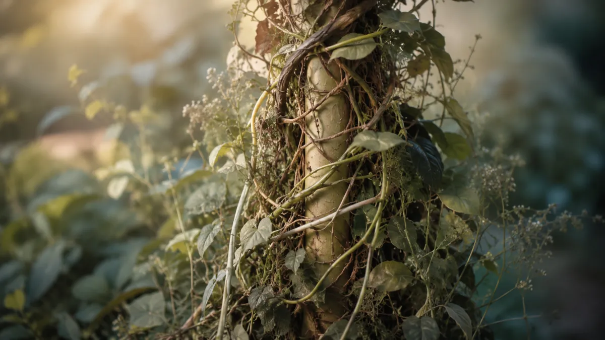 A central plant stem is partially hidden beneath layers of wrapping vines, leaves, and soft overgrowth in warm natural light, symbolizing how the original self can remain present but become obscured beneath adaptive layers built for survival and acceptability.