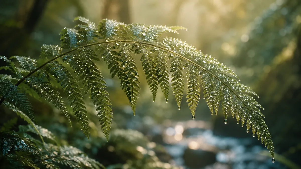 A delicate fern frond bends gently beneath many droplets of rain or dew in warm filtered light, symbolizing deep sensitivity, relational receptivity, and the way a living system can be both beautifully responsive and quietly burdened by what it receives.
