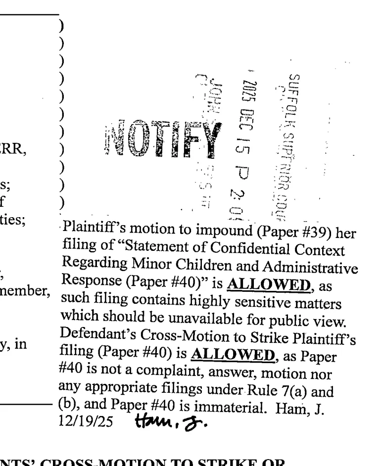 Screenshot from the front page of MacMillan's Motion to Impound stating that her Motion to Impound is allowed because it "contains highly sensitive matters which should be unavailable for public view." It also states that the Defendants' cross-motion to strike is allowed. 