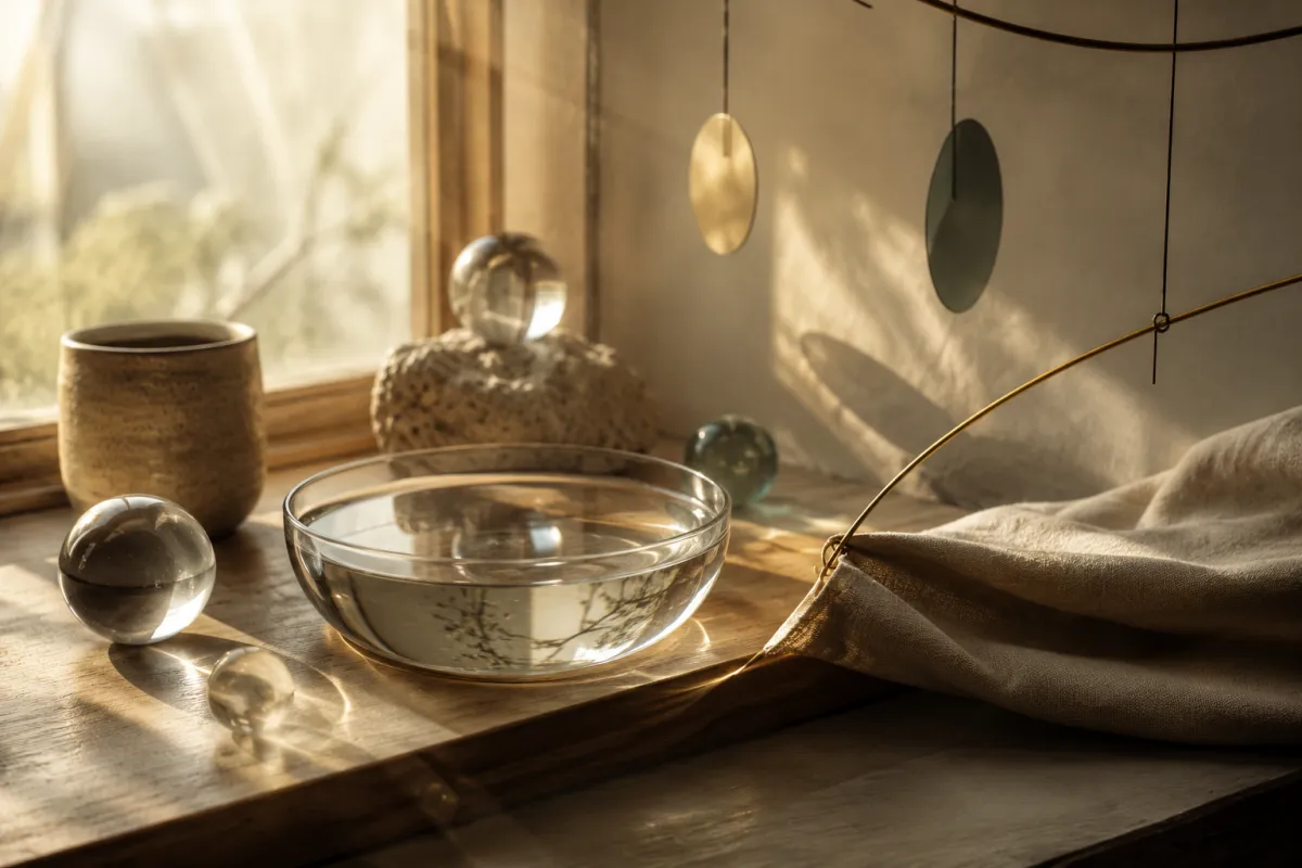 A softly lit windowsill holds a glass bowl of water, glass spheres, brass wire, fabric, and hanging mobile shapes casting relational shadows and reflections.