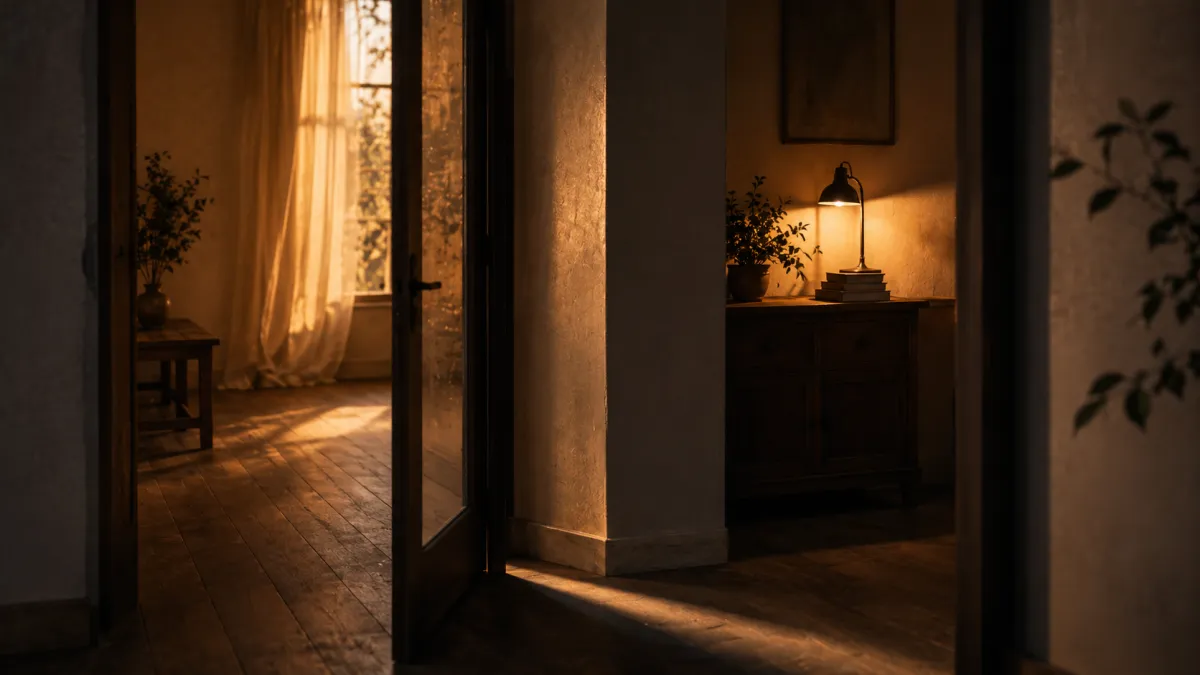 Two different kinds of light cross imperfectly in a quiet threshold space, suggesting sincere intimacy signals that have not yet translated.