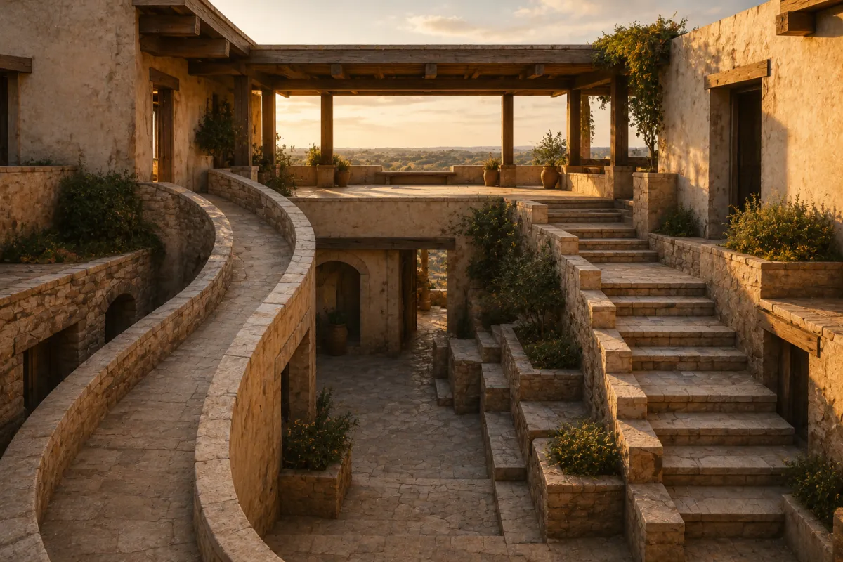 Completed warm stone structure with a curved route and a stepped route arriving at the same upper terrace, representing two developmental pathways reaching one destination.