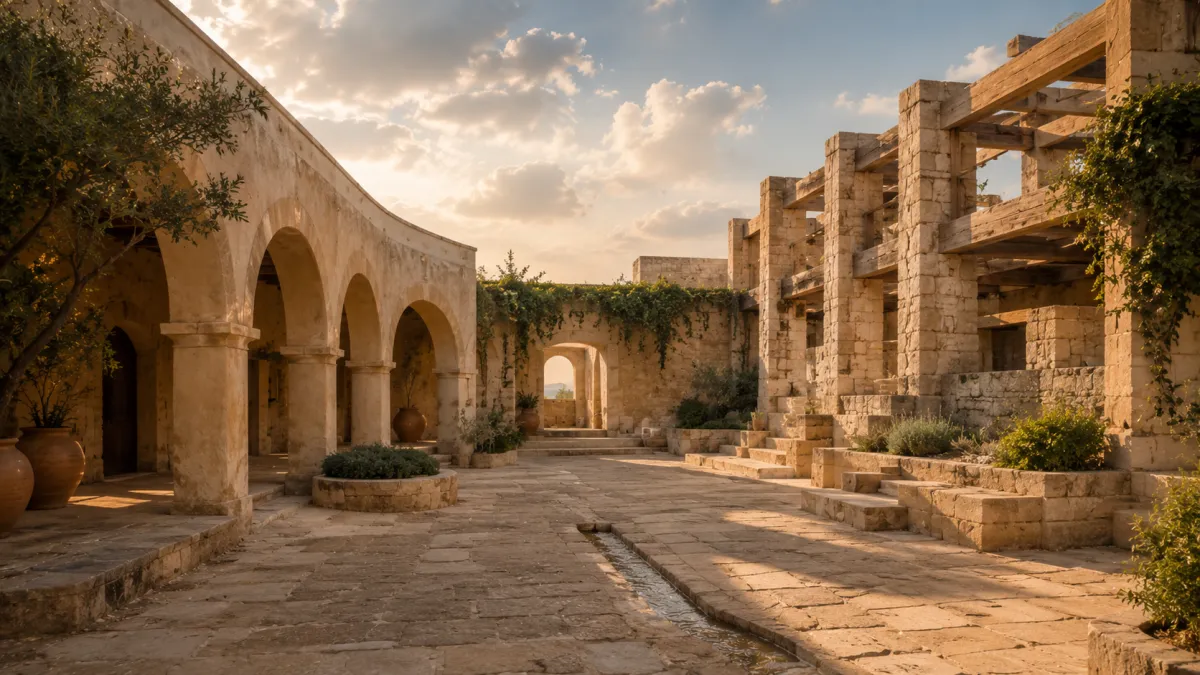 Open courtyard supported by two different architectural structures, one curved and one stepped, creating a shared space that suggests contribution beyond the self.