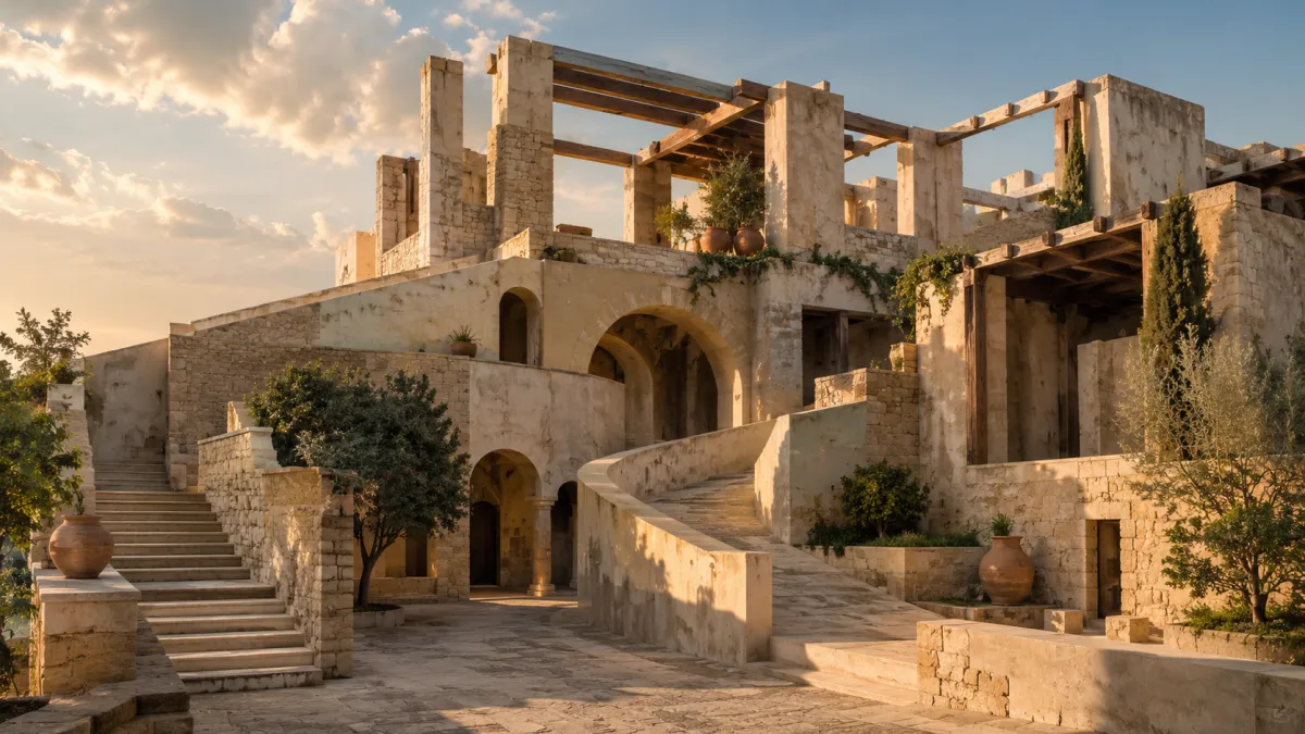 Alt text: Warm architectural structure with stable lower levels and an unfinished upper terrace open to the sky, suggesting lifelong development that can continue beyond expected stages.