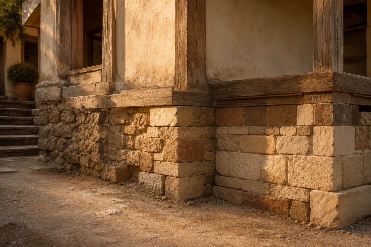 Lower foundation of a warm stone building being carefully reinforced with new fitted supports, representing earlier developmental ground made stable later in life.