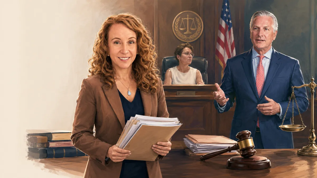AI courtroom illustration of a teacher holding legal documents while a judge sits behind the bench and a suited attorney stands beside a gavel and scales.