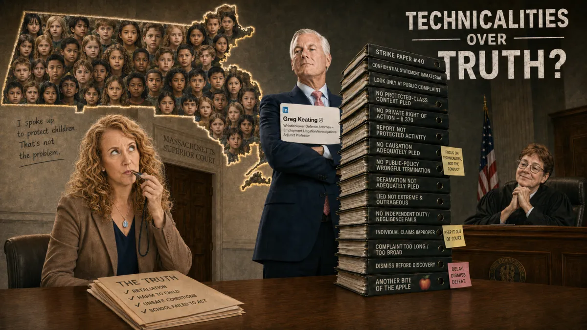 AI courtroom illustration showing children’s faces inside the outline of Massachusetts, a teacher holding a whistle and a folder labeled “The Truth,” a suited attorney beside stacked legal arguments, and a judge under the headline “Technicalities over Truth?”