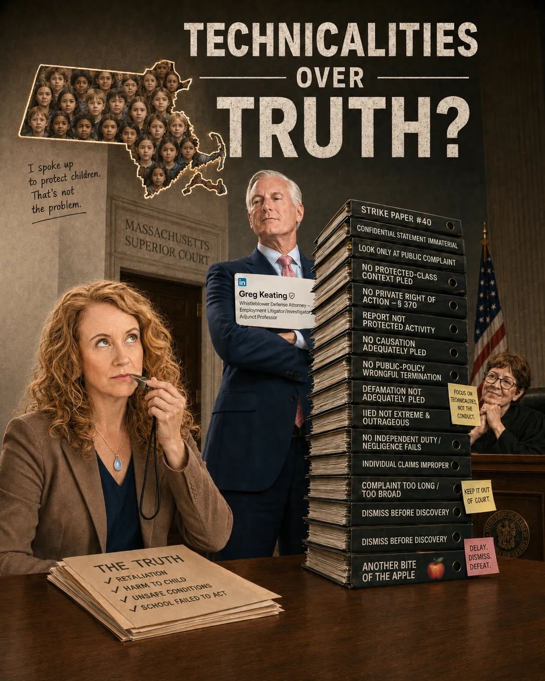 AI courtroom illustration showing children’s faces inside the outline of Massachusetts, a teacher holding a whistle and a folder labeled “The Truth,” a suited attorney beside stacked legal arguments, and a judge under the headline “Technicalities over Truth?”