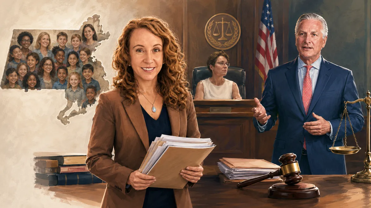 AI courtroom illustration of a teacher holding documents, a judge on the bench, a suited attorney, and children’s and teachers’ faces inside the outline of Massachusetts.