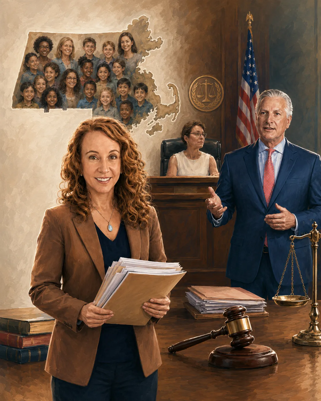 AI courtroom illustration of a teacher holding documents, a judge on the bench, a suited attorney, and children’s and teachers’ faces inside the outline of Massachusetts.