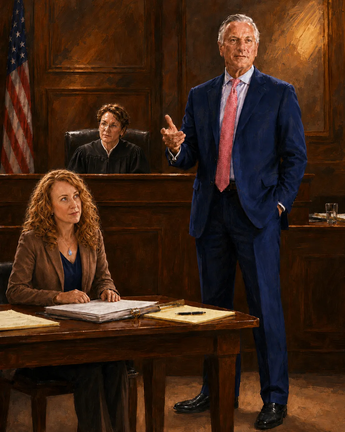 AI courtroom illustration of a teacher seated at a courtroom table while a suited attorney stands before a judge in a wood-paneled courtroom.