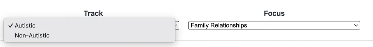 R.E.A.L.™ Program Navigator menu showing two Track choices: Autistic and Non-Autistic