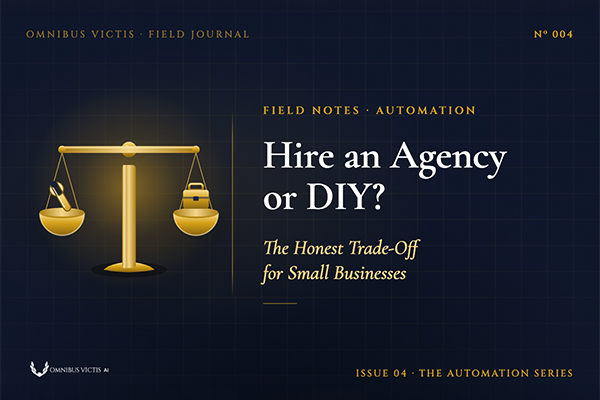 Gold balance scale icon weighing DIY tools against a briefcase on dark background — Hire an Agency or DIY? — Omnibus Victis AI