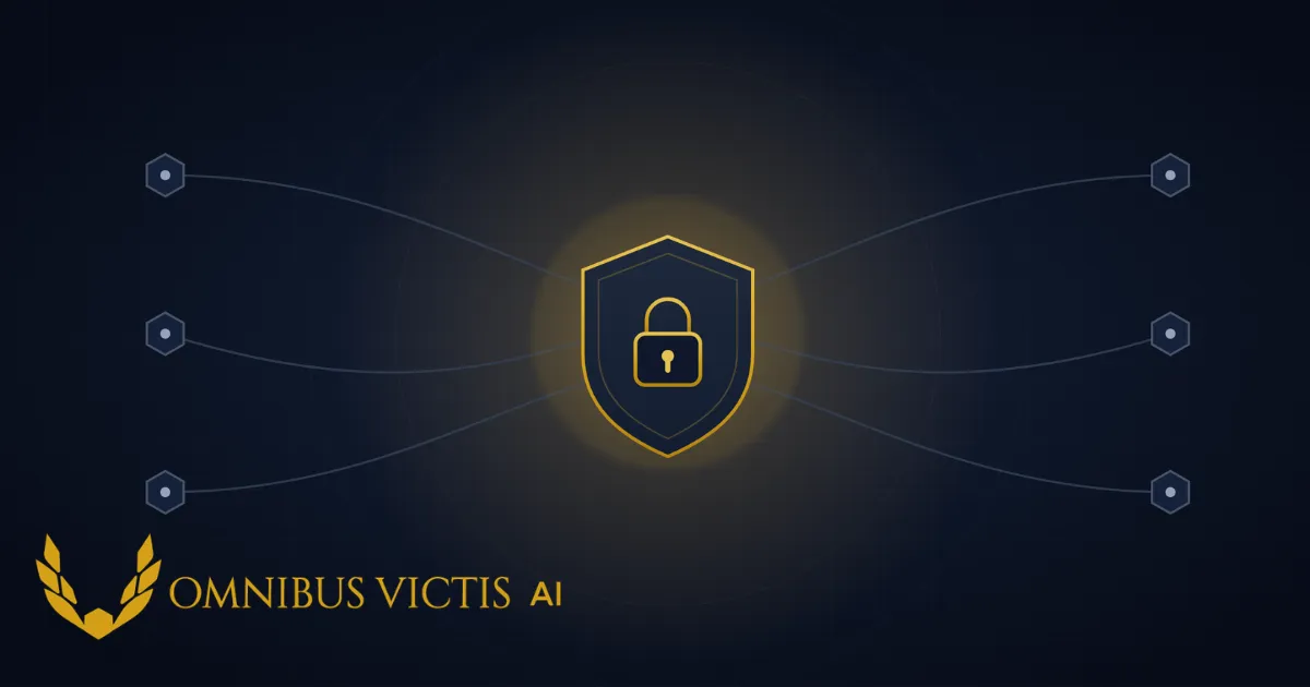 Digital data pipeline flowing through a security checkpoint, represented by a shield icon, in slate blue and gold tones