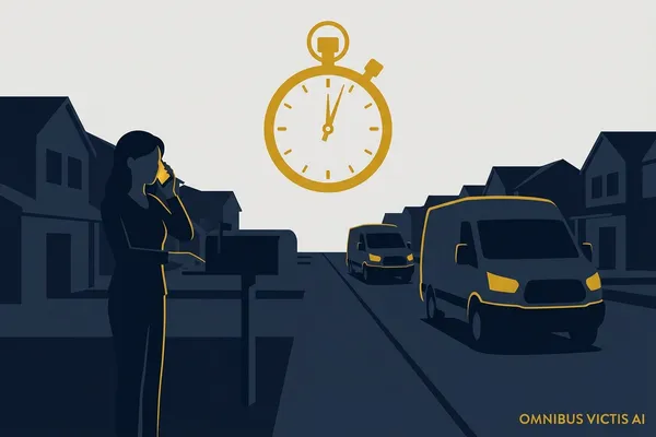 Flat vector illustration of a homeowner on the phone at her mailbox while two contractor vans approach down the street, one ahead of the other, under a large gold stopwatch, showing why the fastest contractor to respond wins the job, Omnibus Victis AI featured blog image