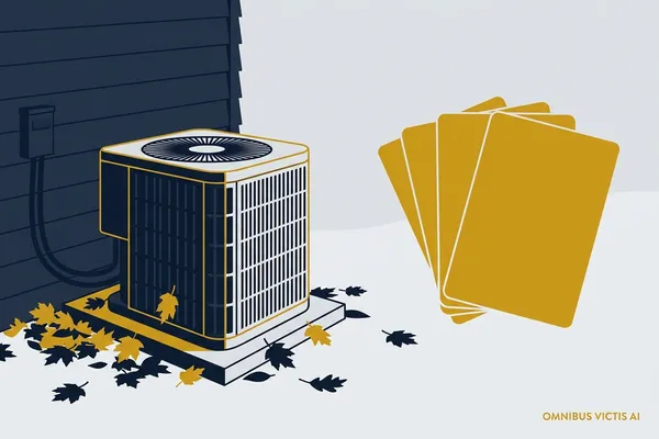 Flat illustration of an outdoor air conditioner condenser among fallen autumn leaves beside a fanned stack of customer record cards
