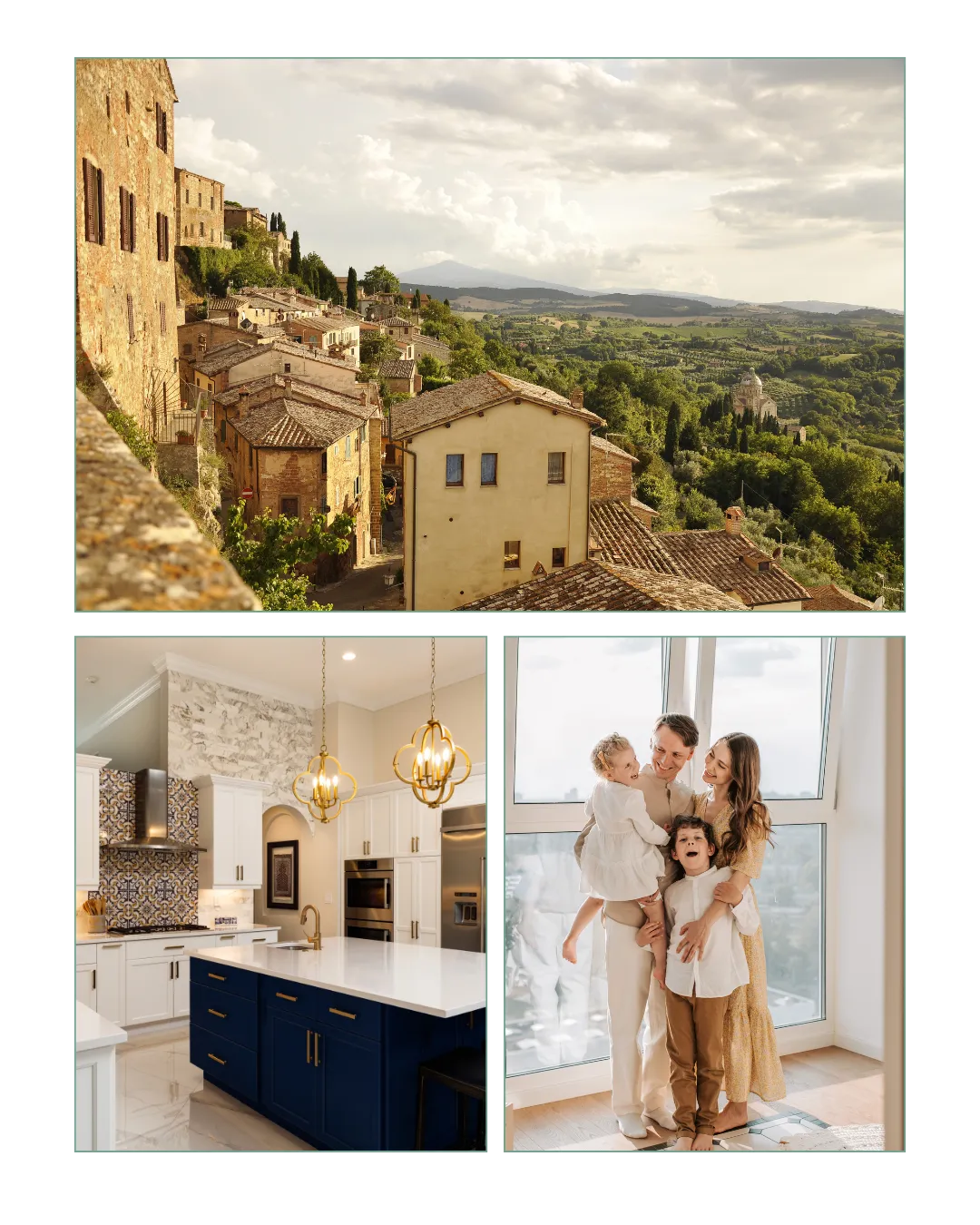 Collage of castle in Italy, remodeled kitchen, and family.