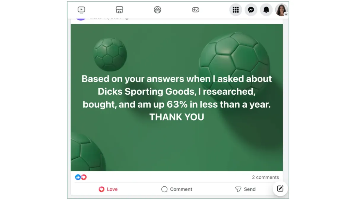 Screenshot of Facebook status