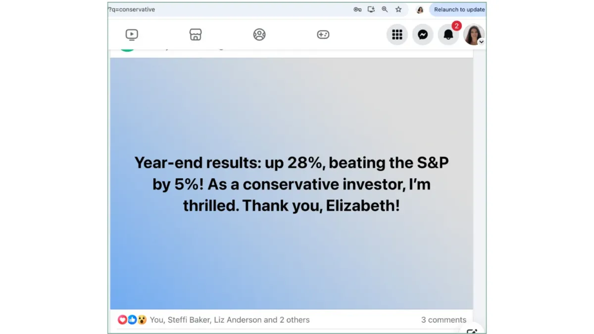 Screenshot of Facebook status