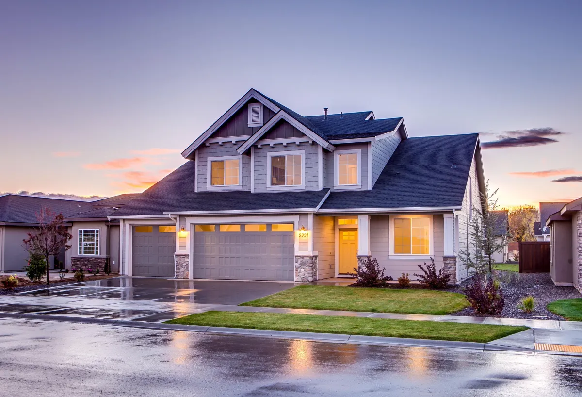 Front view of modern home during sunset