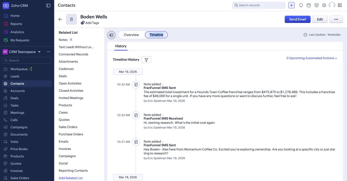 Text using FranFunnel and all activity syncs back to Zoho as timeline notes