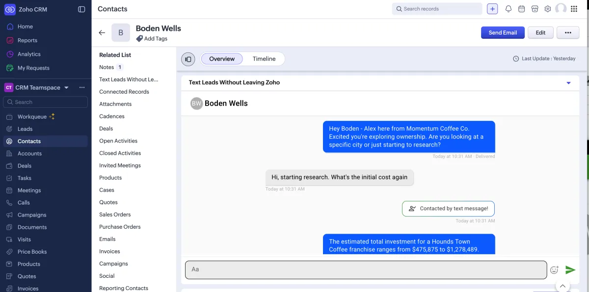 With FranFunnel, you can text leads without leaving Zoho. 