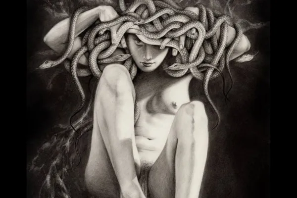 Artistic depiction of a figure with a head of intertwined serpents, evoking the image of Medusa, symbolizing transformation, shadow work, and the power of the dark feminine. The monochrome artwork reflects themes of facing inner demons, embracing one’s primal nature, and the reclamation of suppressed aspects of the self. The image aligns with concepts of sacred embodiment, healing through the shadow, and the journey of feminine empowerment, resonating with the transformative process of integrating darkness and light in spiritual awakening.