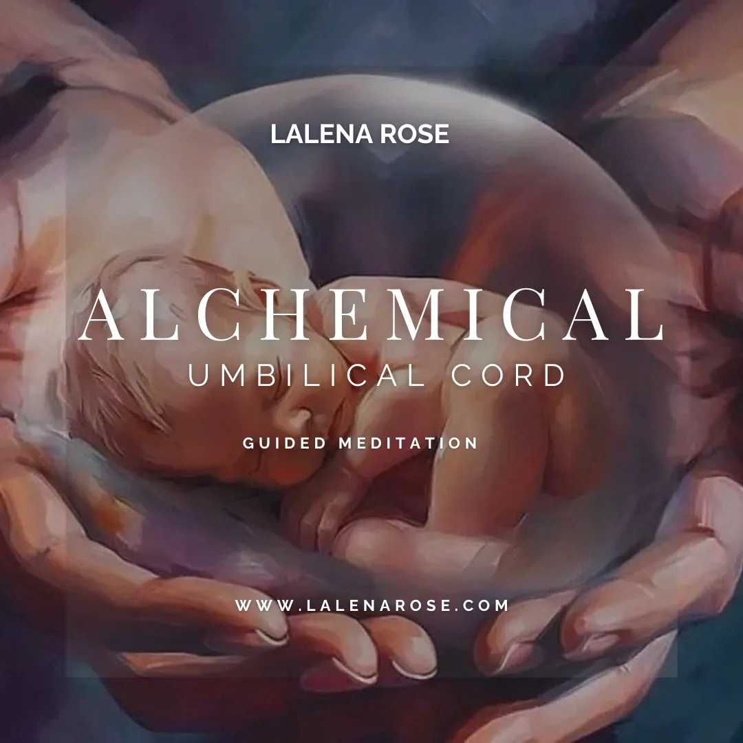 Alchemical Umbilical Cord guided meditation cover image featuring a newborn in protective hands, symbolizing spiritual rebirth, feminine healing, and deep connection to primordial wisdom. Perfect for those exploring sacred feminine practices, healing ancestral trauma, and spiritual awakening.