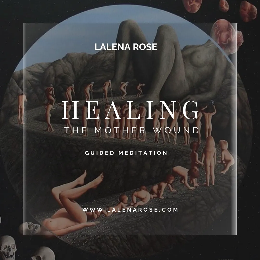 Healing the Mother Wound guided meditation cover, depicting symbolic imagery of inner child healing and ancestral connection. Designed for women seeking to release deep-rooted maternal trauma, reclaim their feminine essence, and cultivate a deeper relationship with divine love and self-nurturing.