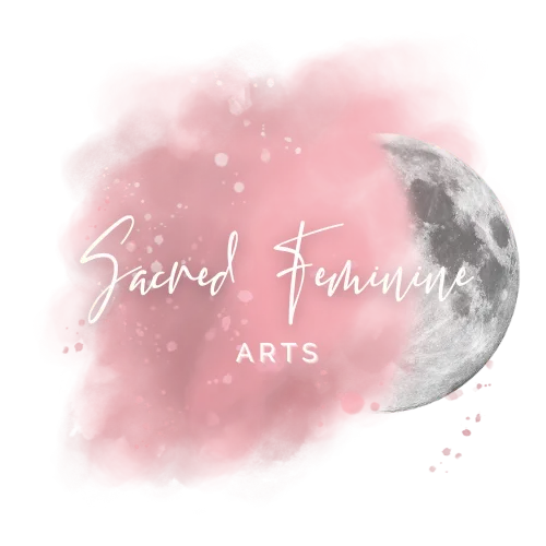 Sacred Feminine Arts logo featuring elegant script text over a pink watercolor background and a partial moon, symbolizing feminine wisdom and creativity.