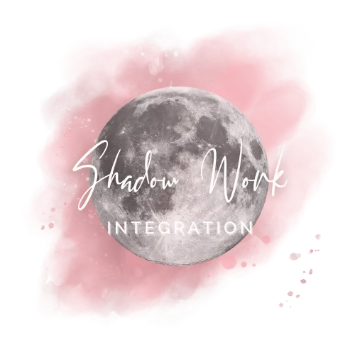 Shadow Work Integration logo with script text over a pink watercolor background and a full moon, symbolizing healing, self-awareness, and transformation.