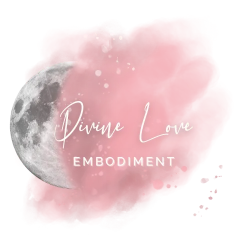 Divine Love Embodiment logo with elegant script text over a pink watercolor background and partial moon, symbolizing feminine embodiment and healing.