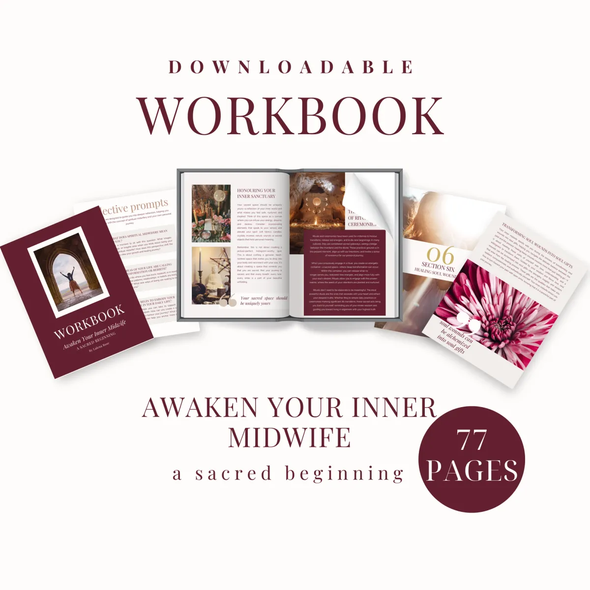 Awaken Your Inner Midwife downloadable workbook cover, featuring 77 pages of sacred feminine practices, deep self-exploration, and spiritual awakening. Ideal for women seeking to heal trauma, embrace feminine power, and begin a transformative journey to connect with their inner wisdom.