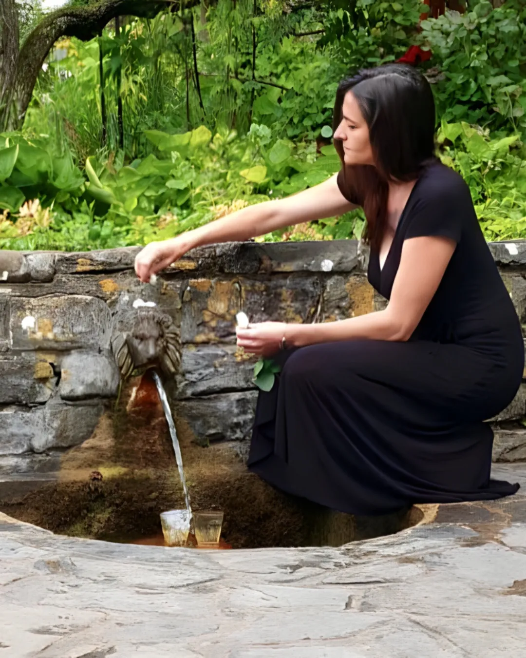 Woman engaging in sacred ritual, holding a rose in meditation, symbolizing deep feminine healing, spiritual awakening, and connection to nature.