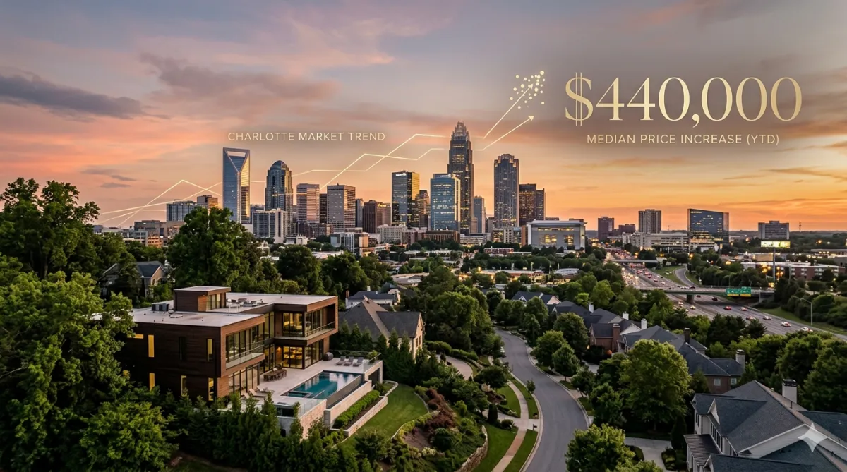 Charlotte NC real estate market update April 2026 — median home price $440,000, homes selling at 98.93% of list price, Veronica's Homes Keller Williams SouthPark