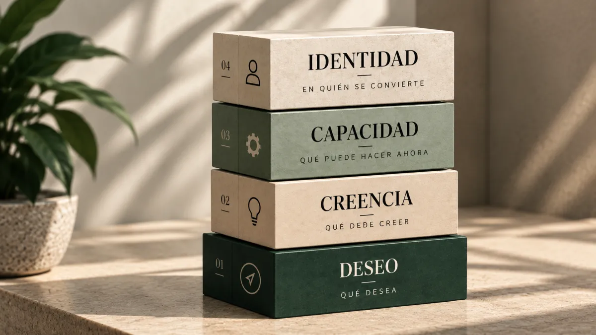 Gráfico conceptual de cuatro bloques del modelo de identidad: Deseo, Creencia, Capacidad e Identidad
