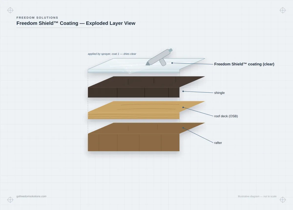 Freedom Shield exploded layer diagram showing the clear coating applied over shingle, roof deck, and rafter