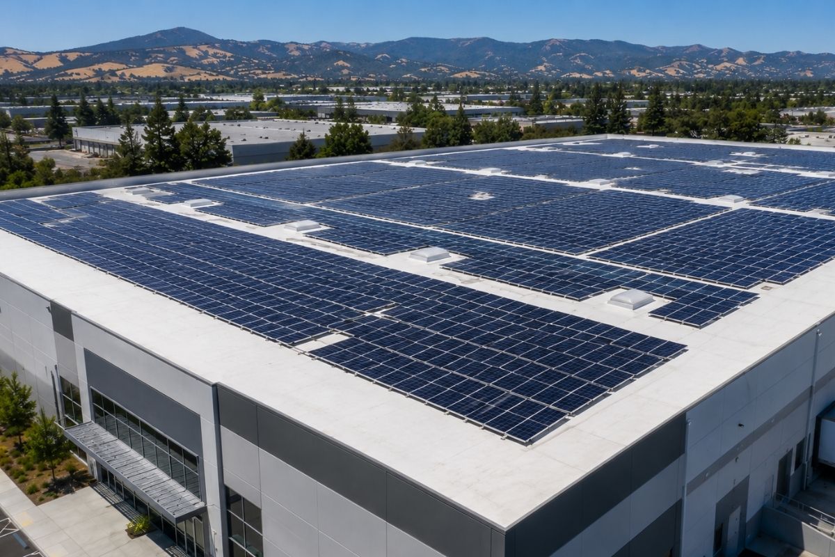 Commercial solar panel installation on Northern California cold storage warehouse roof