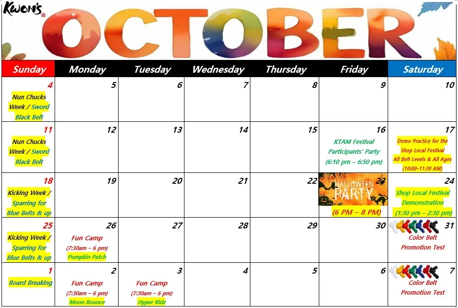 October monthly events calendar