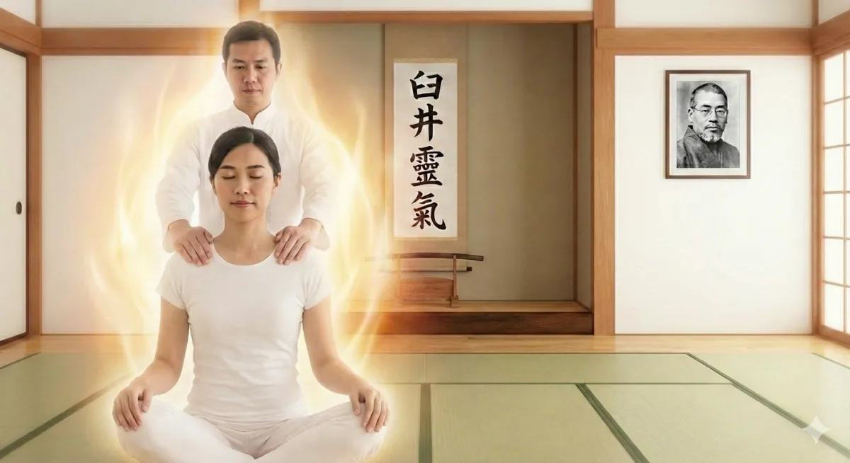 星潮灵疗治疗师手持水晶的半身肖像