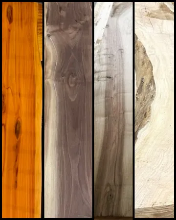 Close-up comparison of Walnut, Maple, and Cherry wood grain