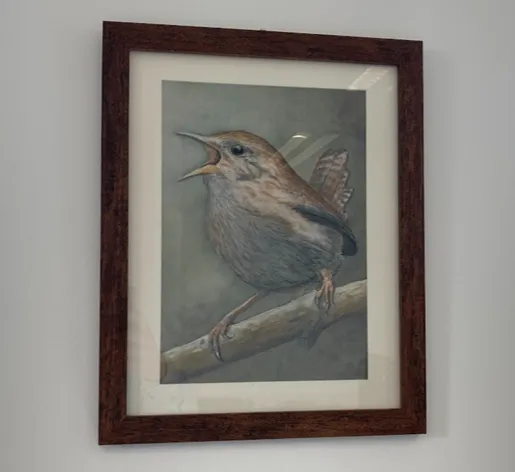 A framed lifelike color drawing of a small brown bird perched on a branch, captured mid-song with its beak wide open against a muted grey-green background. The artwork features a clean white border mat and is enclosed in a dark wood-grain frame hanging on a plain office wall