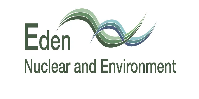 Eden Nuclear and Environment corporate logo featuring dark green text with a stylized green, teal, and blue wave graphic sweeping across the top